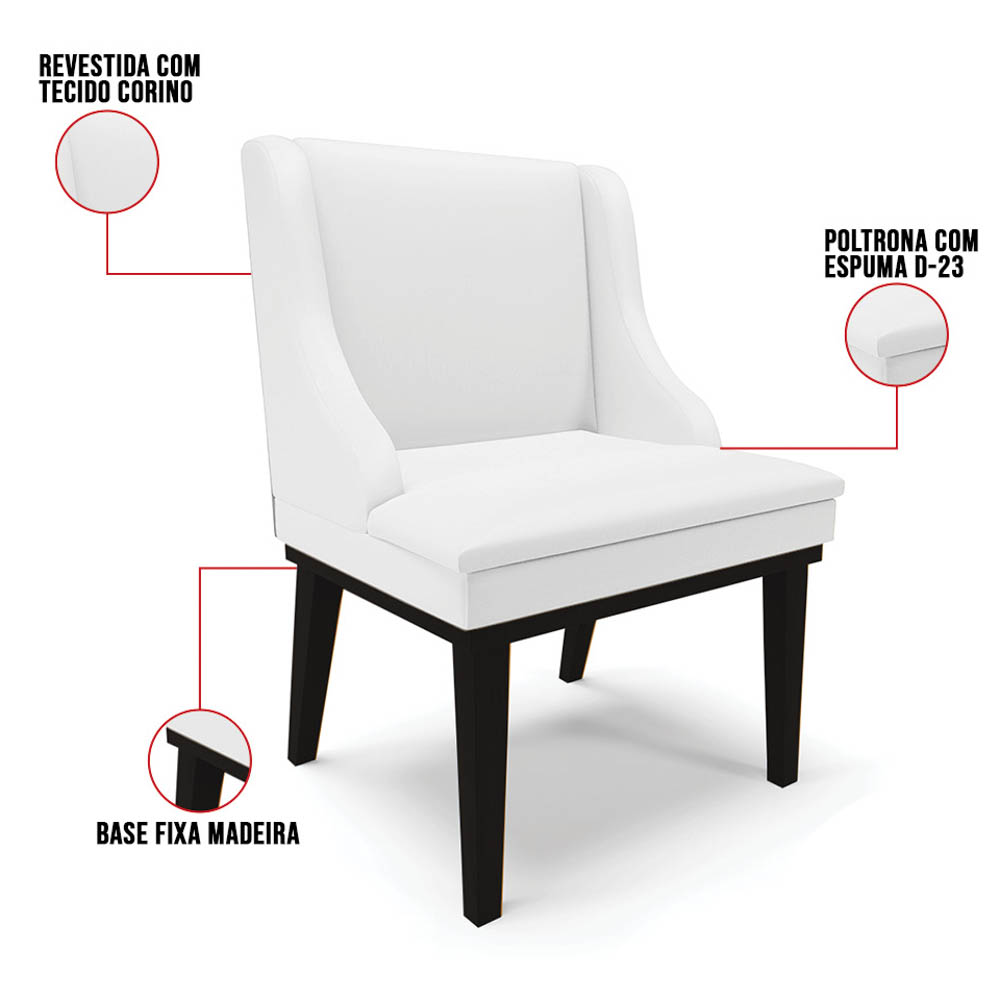 Kit 4 Cadeiras Estofadas Sala de Jantar Base Fixa de Madeira Preto Lia Sintético Branco - Ibiza