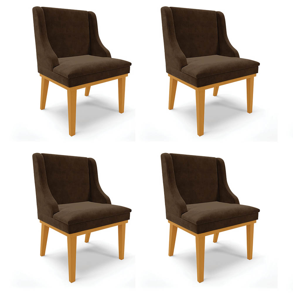Kit 4 Cadeiras Estofadas para Sala de Jantar Base Fixa de Madeira Castanho Lia Suede Marrom - Ibiza