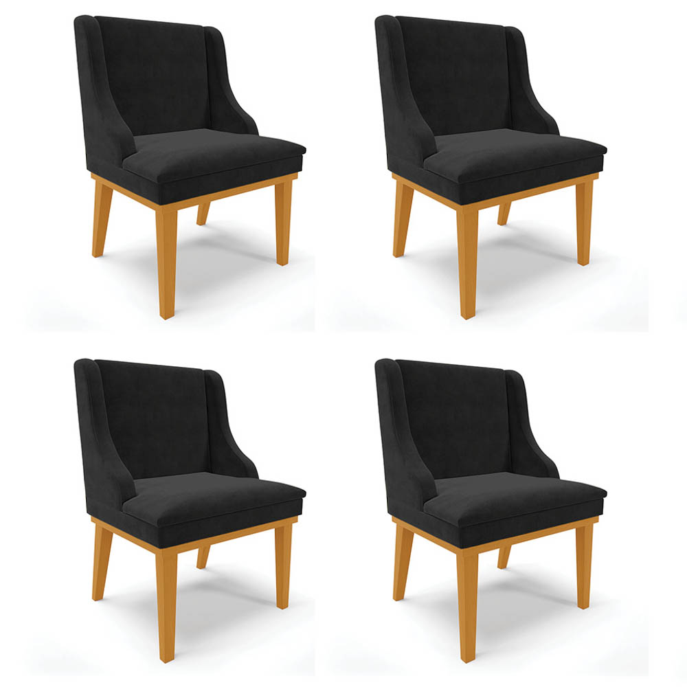 Kit 4 Cadeiras Estofadas para Sala de Jantar Base Fixa de Madeira Castanho Lia Suede Preto - Ibiza