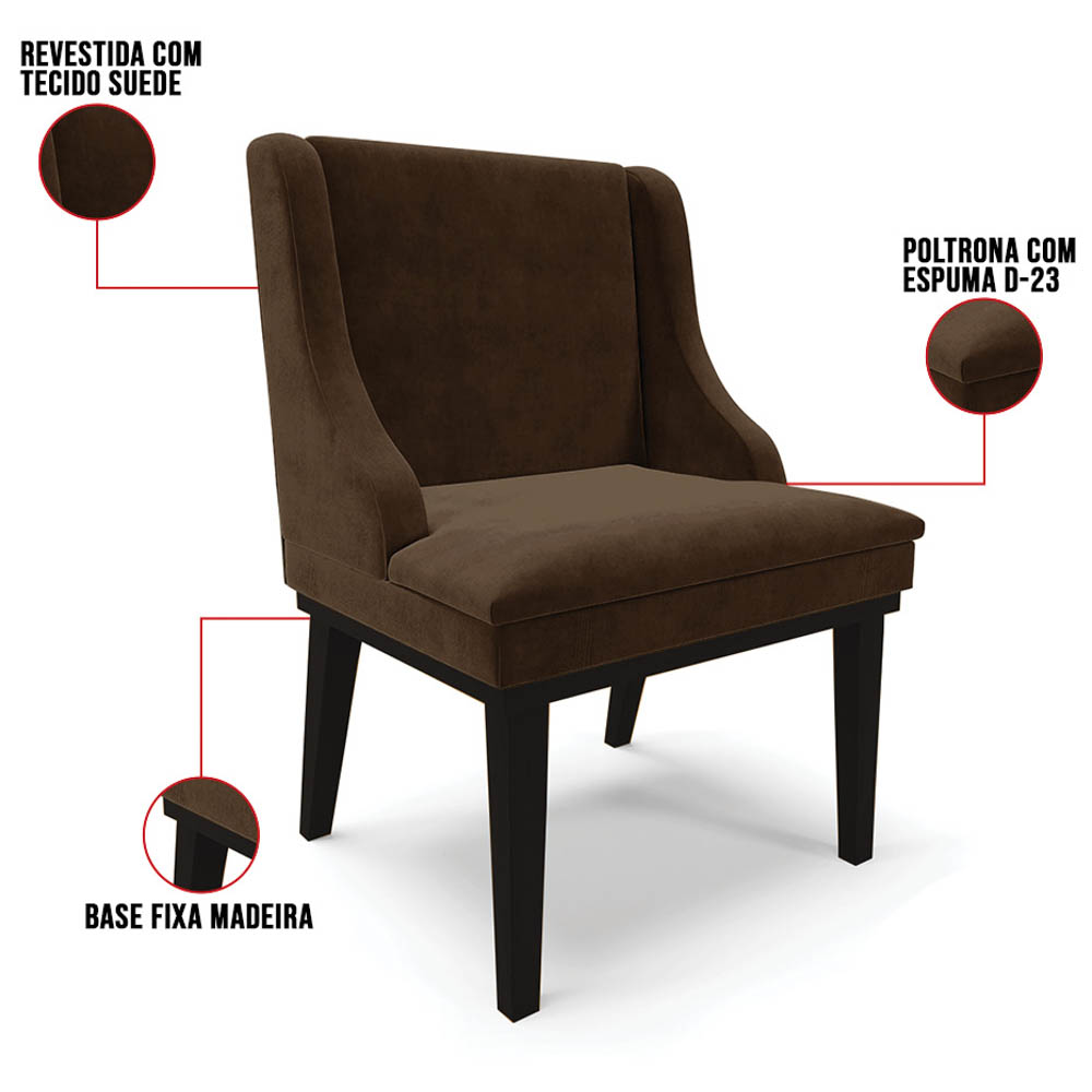 Kit 4 Cadeiras Estofadas para Sala de Jantar Base Fixa de Madeira Preto Lia Suede Marrom - Ibiza