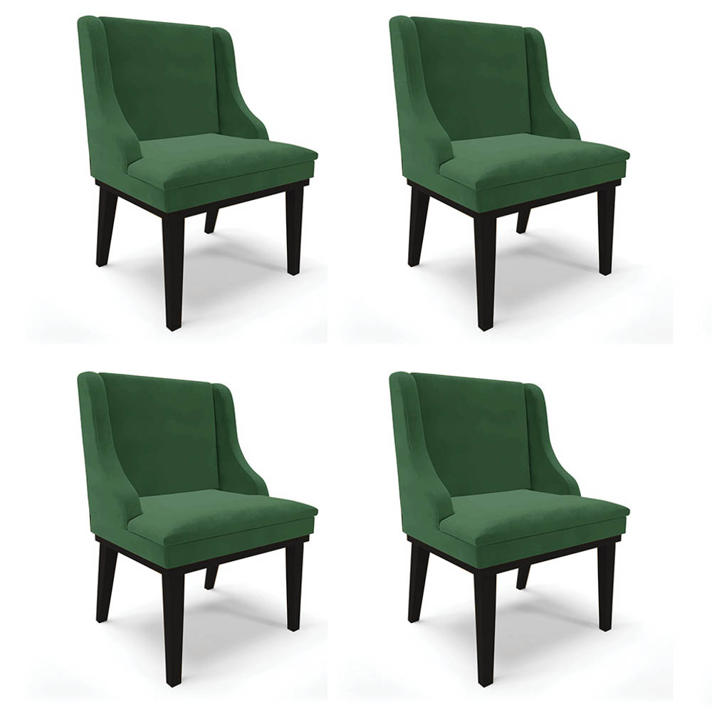 Kit 4 Cadeiras Estofadas para Sala de Jantar Base Fixa de Madeira Preto Lia Veludo Verde - Ibiza
