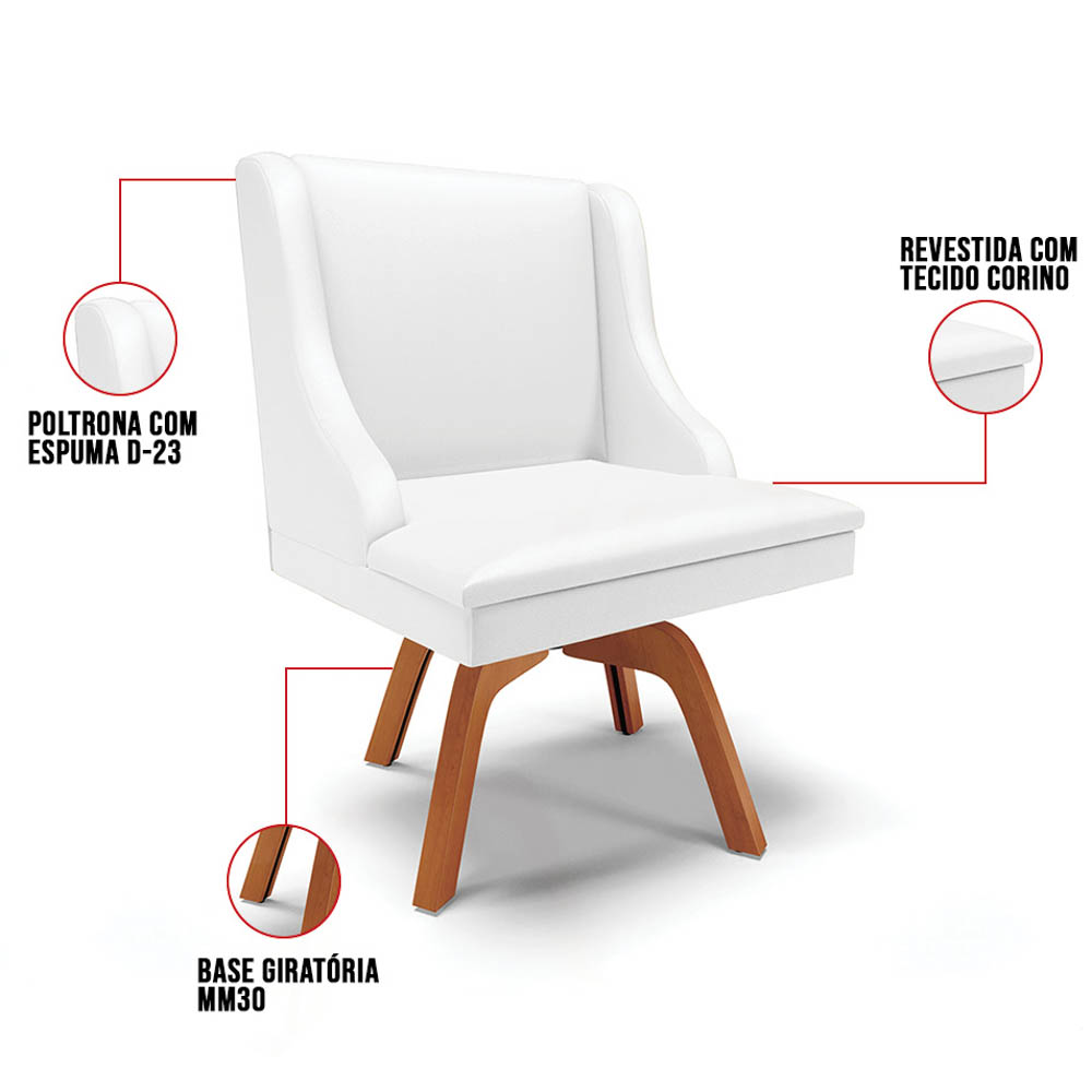 Kit 4 Cadeiras Estofadas para Sala de Jantar Base Giratória de Madeira Lia Sintético Branco - Ibiza