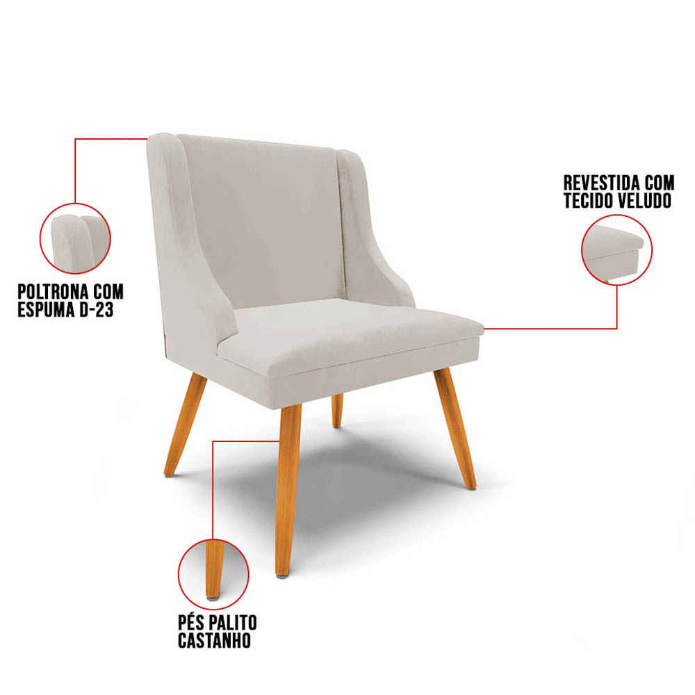Kit 4 Cadeiras Estofadas para Sala de Jantar Pés Palito Lia Veludo Cinza - Ibiza