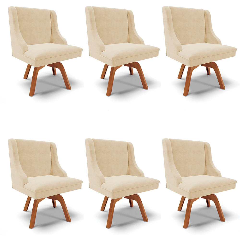 Kit 6 Cadeiras Estofadas Base Giratória de Madeira Lia Suede Bege - Ibiza