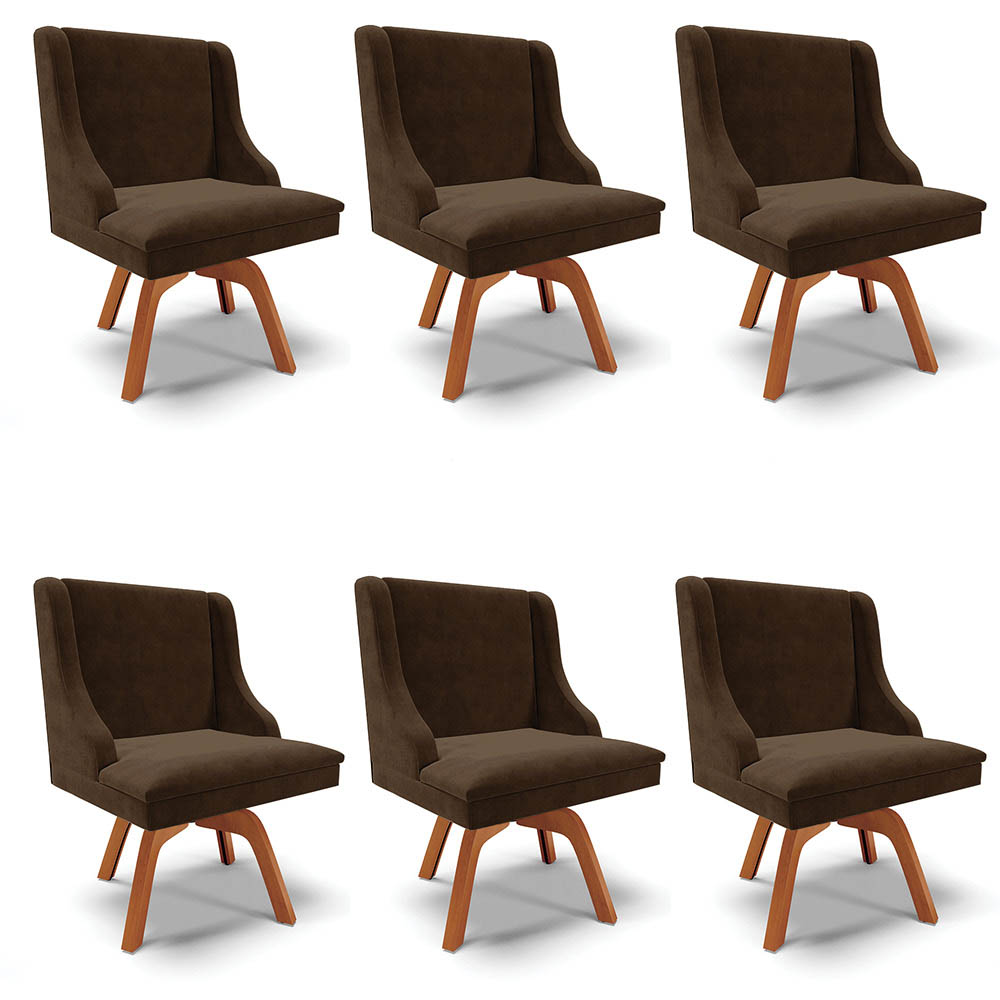 Kit 6 Cadeiras Estofadas Giratória para Sala de Jantar Lia Suede Marrom - Ibiza