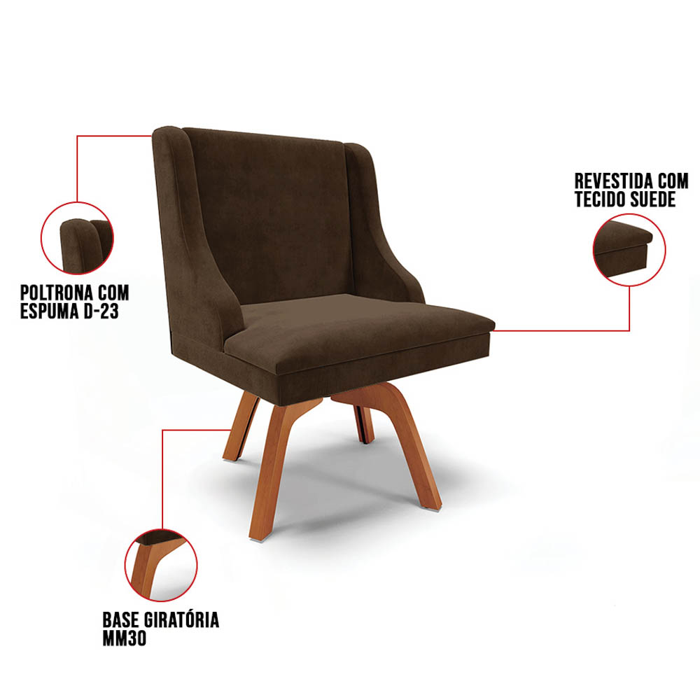 Kit 6 Cadeiras Estofadas Giratória para Sala de Jantar Lia Suede Marrom - Ibiza
