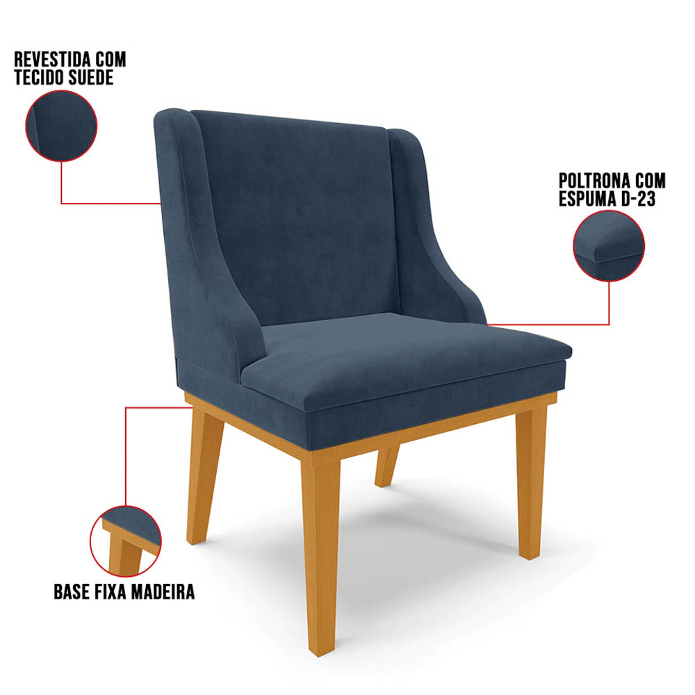 Kit 6 Cadeiras Estofadas para Sala de Jantar Base Fixa de Madeira Castanho Lia Suede Azul Marinho - Ibiza