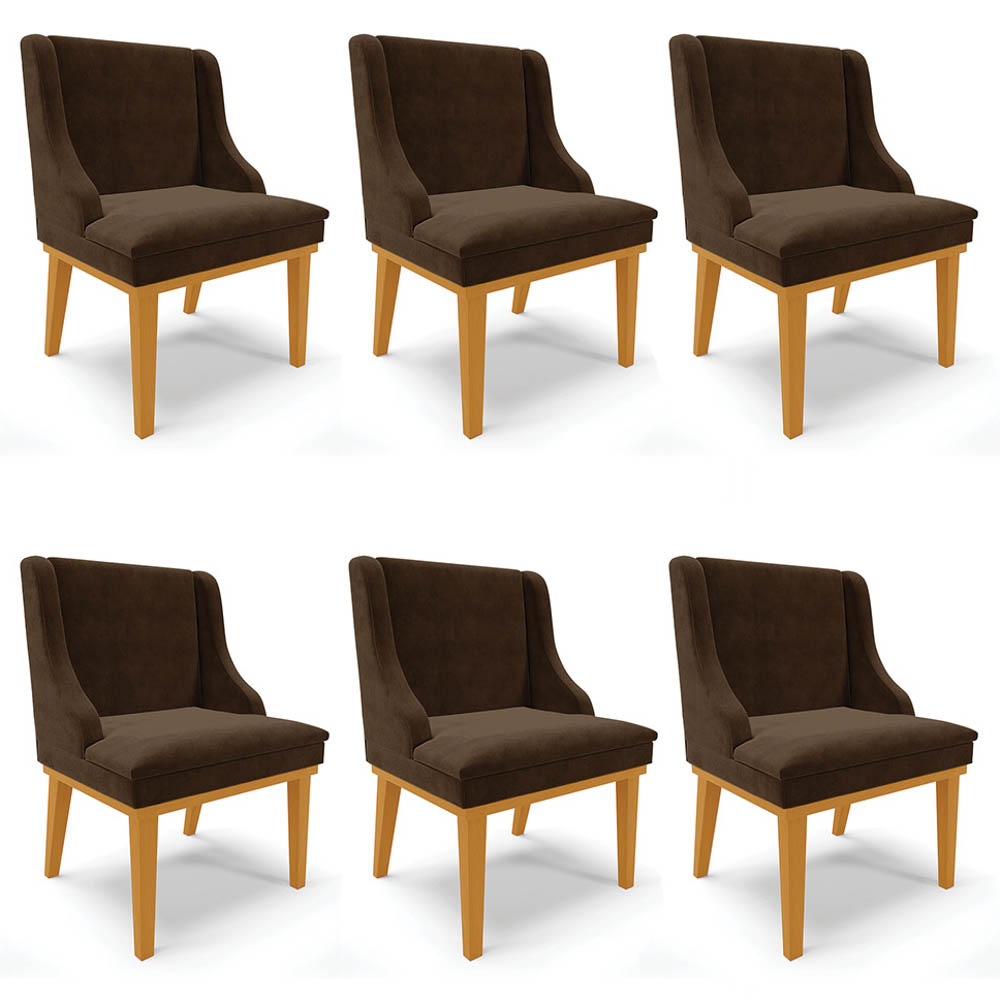 Kit 6 Cadeiras Estofadas para Sala de Jantar Base Fixa de Madeira Castanho Lia Suede Marrom - Ibiza