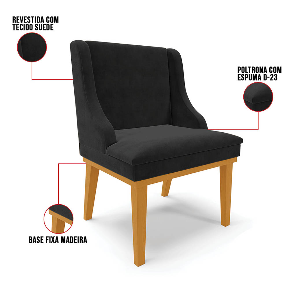 Kit 6 Cadeiras Estofadas para Sala de Jantar Base Fixa de Madeira Castanho Lia Suede Preto - Ibiza