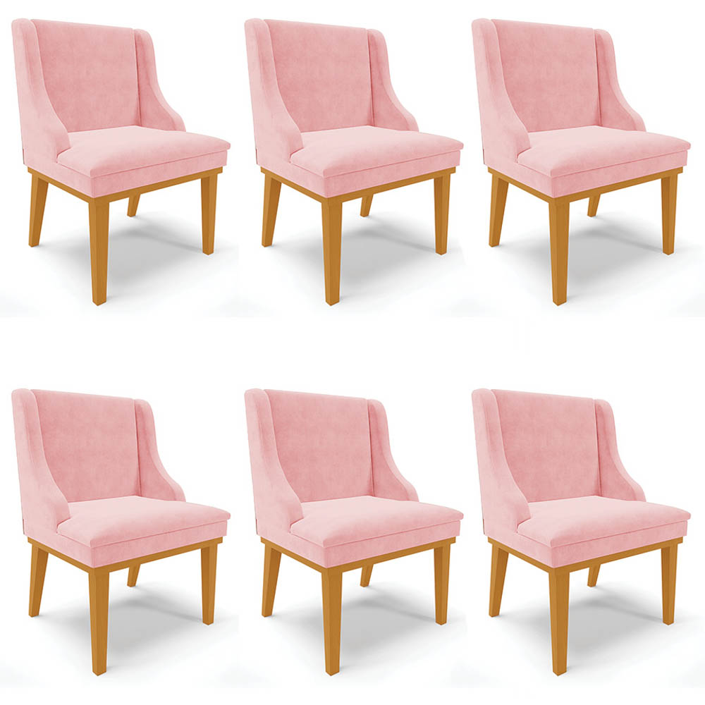 Kit 6 Cadeiras Estofadas para Sala de Jantar Base Fixa de Madeira Castanho Lia Suede Rosa bebê - Ibiza