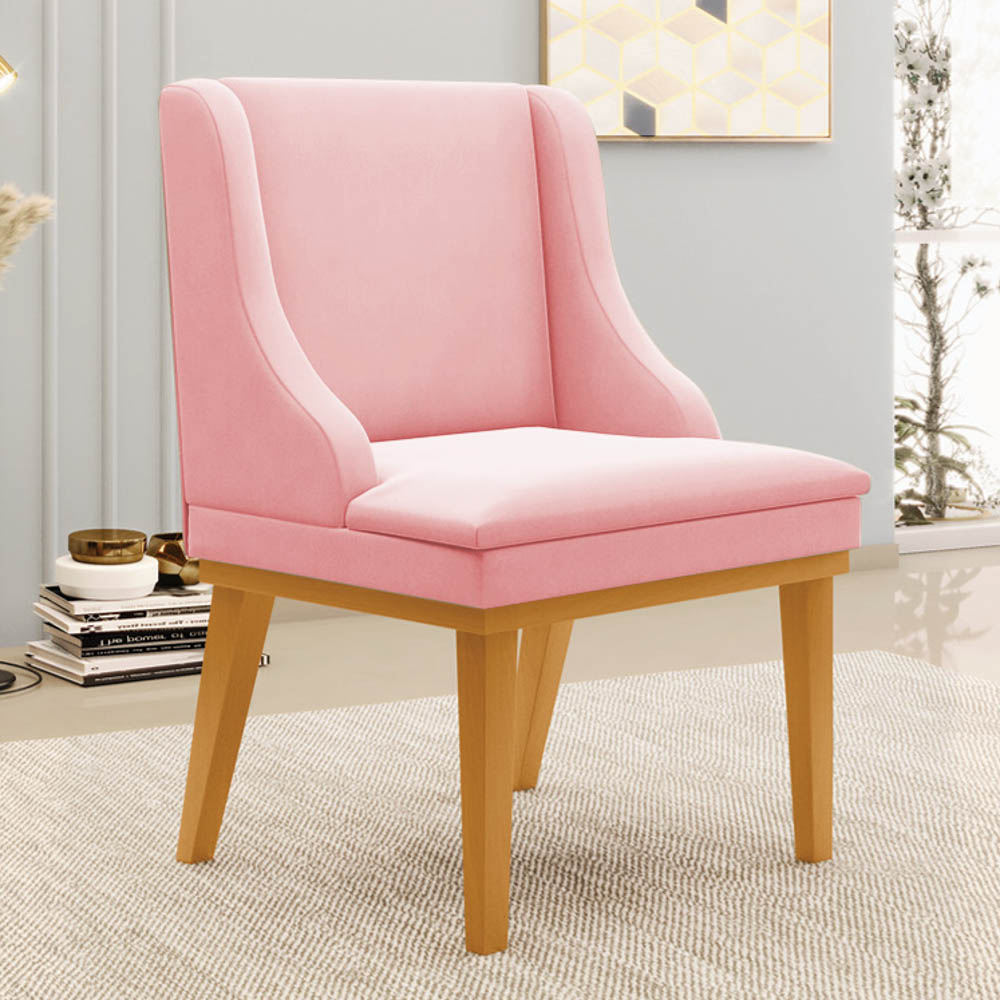 Kit 6 Cadeiras Estofadas para Sala de Jantar Base Fixa de Madeira Castanho Lia Suede Rosa bebê - Ibiza