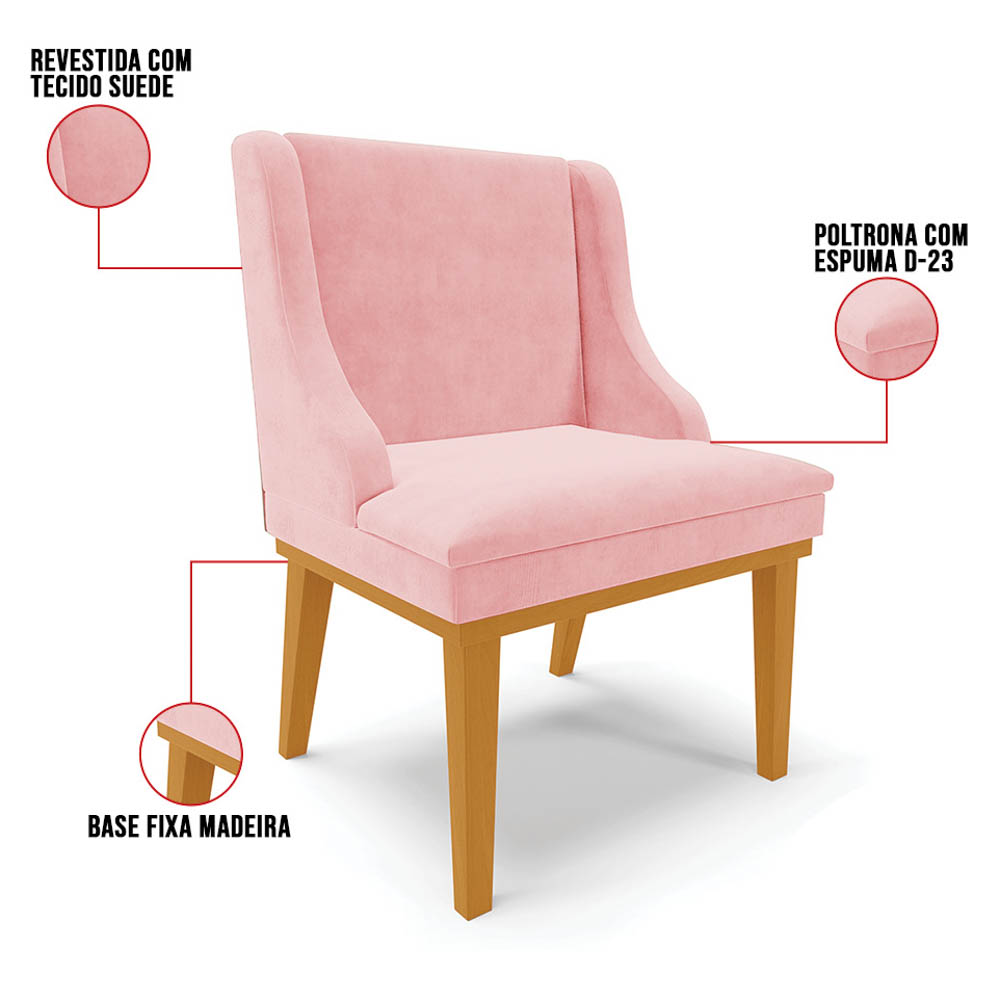 Kit 6 Cadeiras Estofadas para Sala de Jantar Base Fixa de Madeira Castanho Lia Suede Rosa bebê - Ibiza