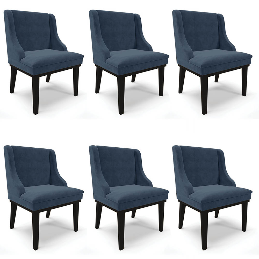 Kit 6 Cadeiras Estofadas para Sala de Jantar Base Fixa de Madeira Preto Lia Suede Azul Marinho - Ibiza