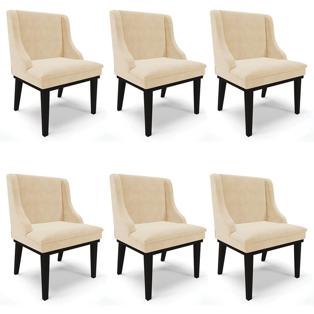 Kit 6 Cadeiras Estofadas para Sala de Jantar Base Fixa de Madeira Preto Lia Suede Bege - Ibiza