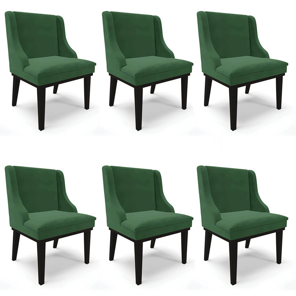 Kit 6 Cadeiras Estofadas para Sala de Jantar Base Fixa de Madeira Preto Lia Veludo Verde - Ibiza