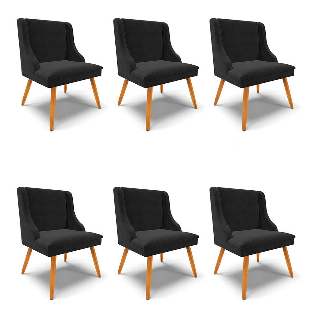 Kit 6 Cadeiras Estofadas para Sala de Jantar Pés Palito Lia Suede Preto - Ibiza