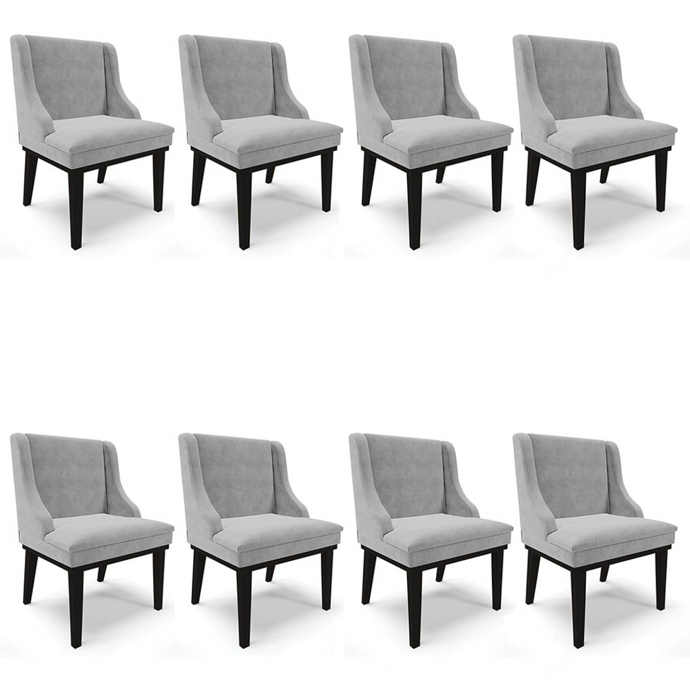 Kit 8 Cadeiras Estofadas para Sala de Jantar Base Fixa de Madeira Preto Lia Suede Cinza - Ibiza
