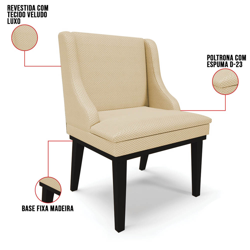 Kit 8 Cadeiras Estofadas para Sala de Jantar Base Fixa de Madeira Preto Lia Veludo Luxo Off White - Ibiza