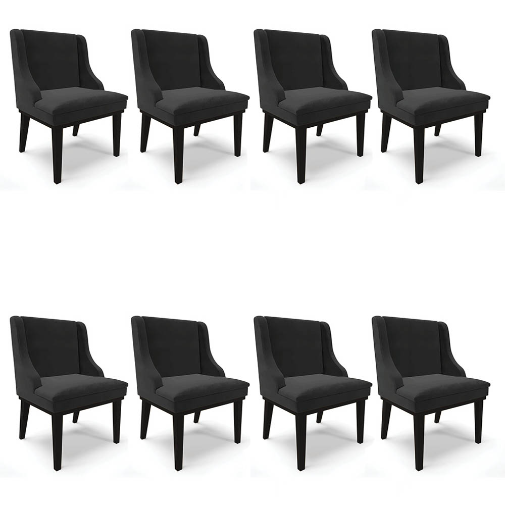 Kit 8 Cadeiras Estofadas para Sala de Jantar Base Fixa de Madeira Preto Lia Veludo Preto - Ibiza