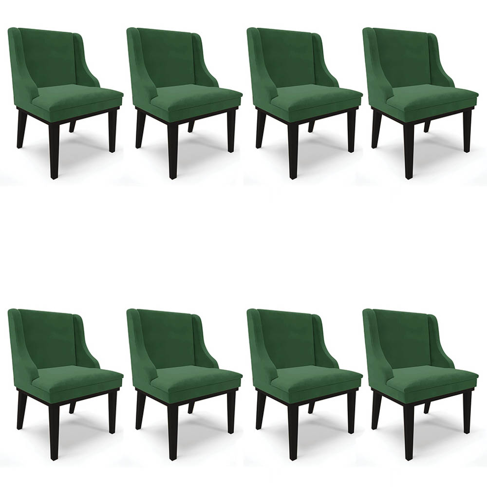 Kit 8 Cadeiras Estofadas para Sala de Jantar Base Fixa de Madeira Preto Lia Veludo Verde - Ibiza