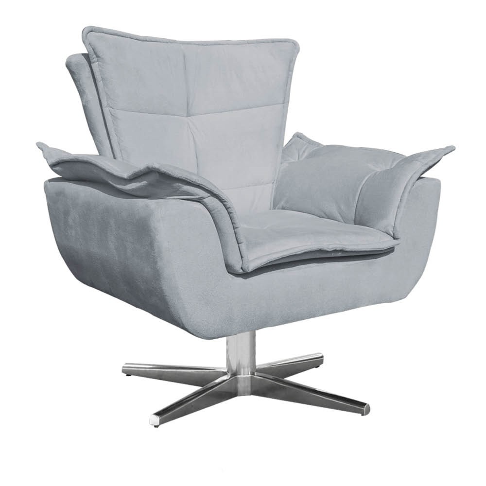 Kit Namoradeira 2 Lugares e 1 Poltrona Decorativa Giratória Cromada Opla Suede Cinza - Ibiza
