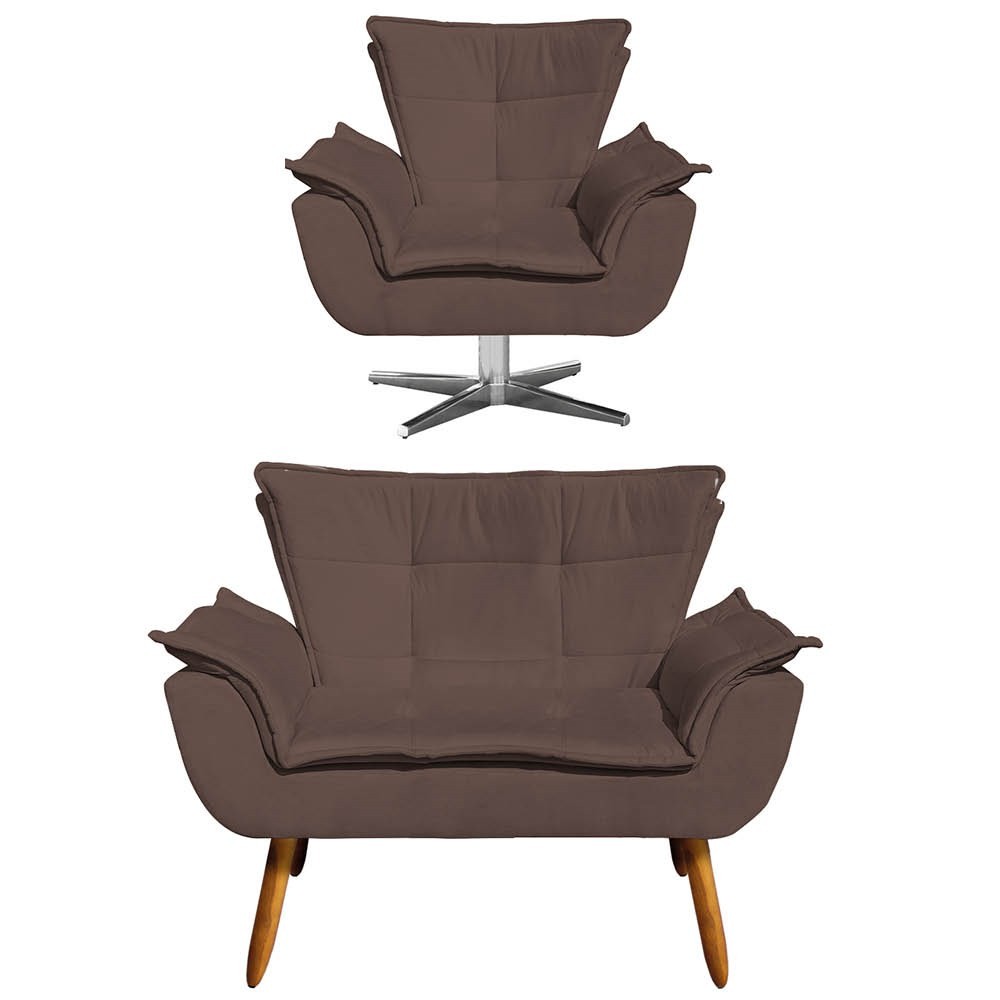 Kit Namoradeira 2 Lugares e 1 Poltrona Decorativa Giratória Cromada Opla Suede Marrom - Ibiza