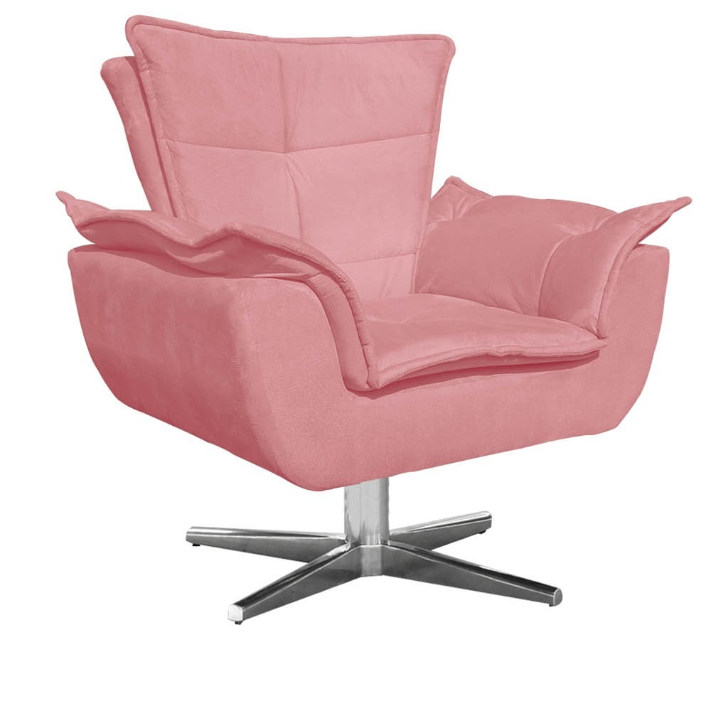 Kit Namoradeira 2 Lugares e 1 Poltrona Decorativa Giratória Cromada Opla Suede Rose - Ibiza