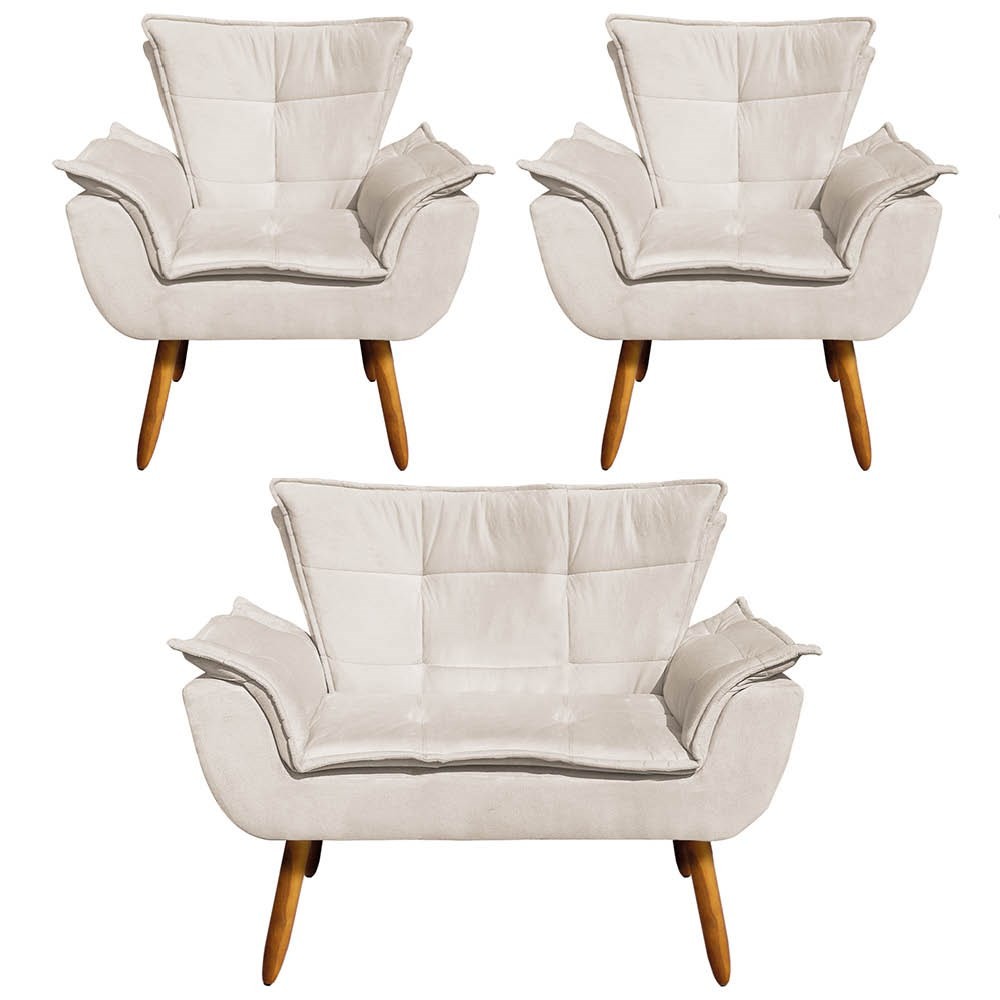 Kit Namoradeira 2 Lugares e 2 Poltronas Decorativas Pés Palito Opla Suede Bege - Ibiza