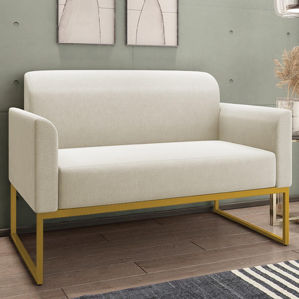 Kit Namoradeira e 1 Poltrona Decorativa Base Industrial Dourada Maressa A19 Linho Grosso Bege - Ibiza