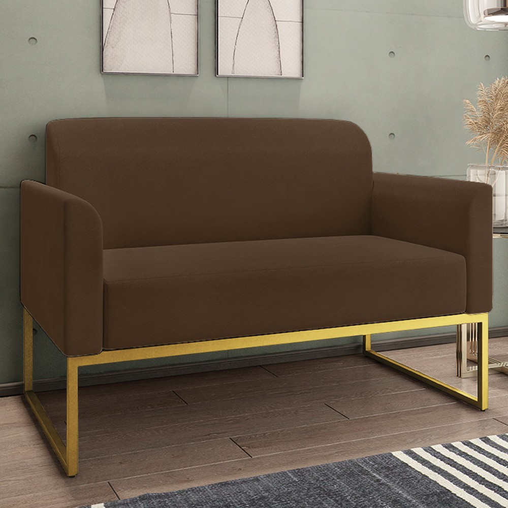Kit Namoradeira e 1 Poltrona Decorativa Base Industrial Dourada Maressa S06 Suede Marrom - Ibiza