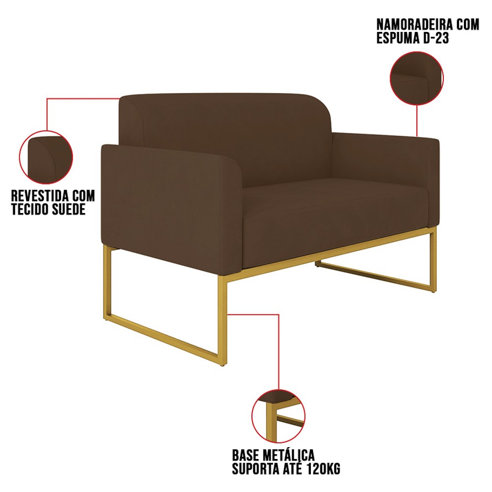 Kit Namoradeira e 1 Poltrona Decorativa Base Industrial Dourada Maressa S06 Suede Marrom - Ibiza
