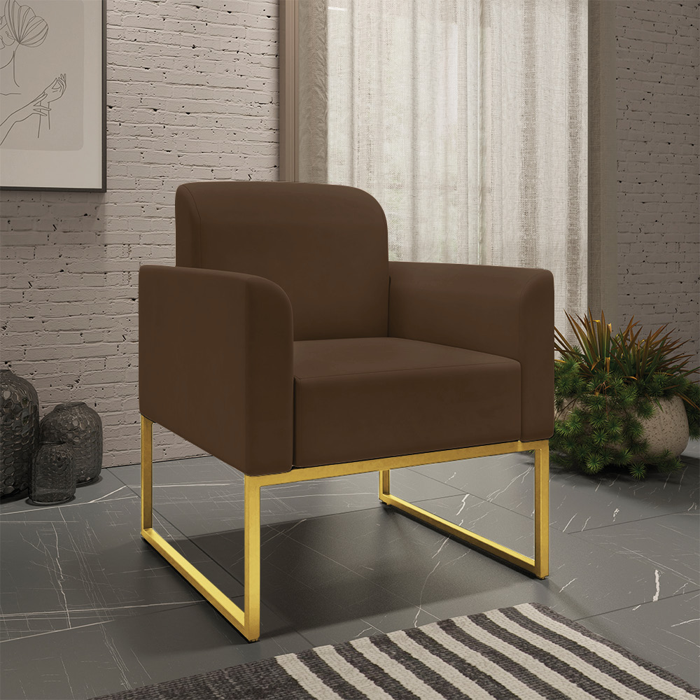 Kit Namoradeira e 1 Poltrona Decorativa Base Industrial Dourada Maressa S06 Suede Marrom - Ibiza