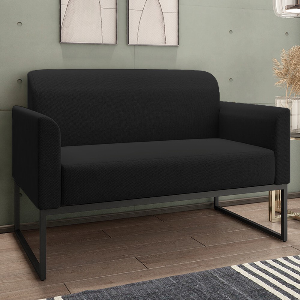 Kit Namoradeira e 1 Poltrona Decorativa Base Industrial Preta Maressa A79 Linho Preto - Ibiza