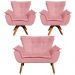 Kit Namoradeira e 2 Poltronas Base Giratória Madeira Opla Suede Rose - Ibiza