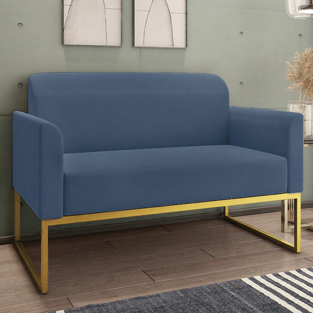 Kit Namoradeira e 2 Poltronas Decorativas Base Industrial Dourada Maressa S04 Suede Azul Marinho - Ibiza