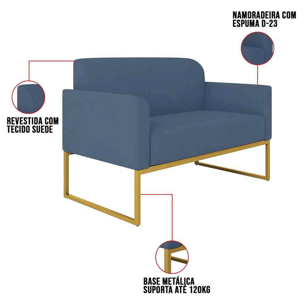 Kit Namoradeira e 2 Poltronas Decorativas Base Industrial Dourada Maressa S04 Suede Azul Marinho - Ibiza