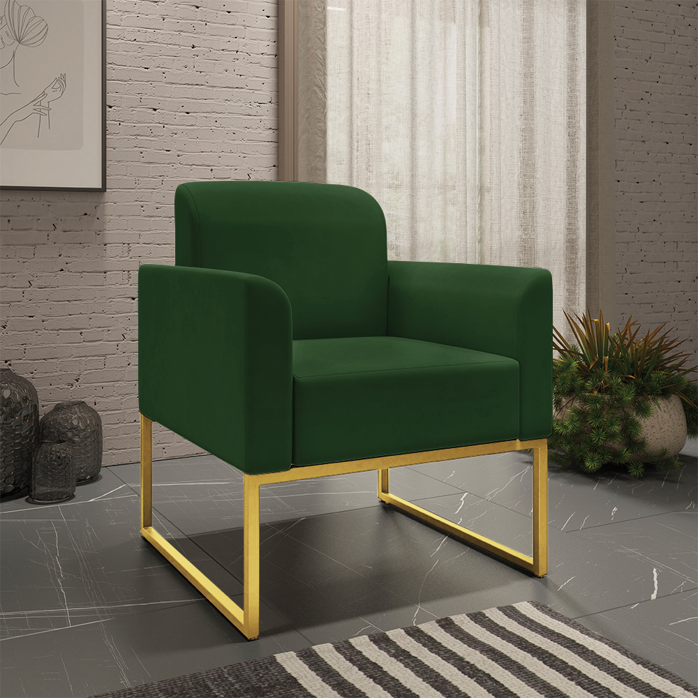 Kit Namoradeira e 2 Poltronas Decorativas Base Industrial Dourada Maressa S23 Suede Verde - Ibiza