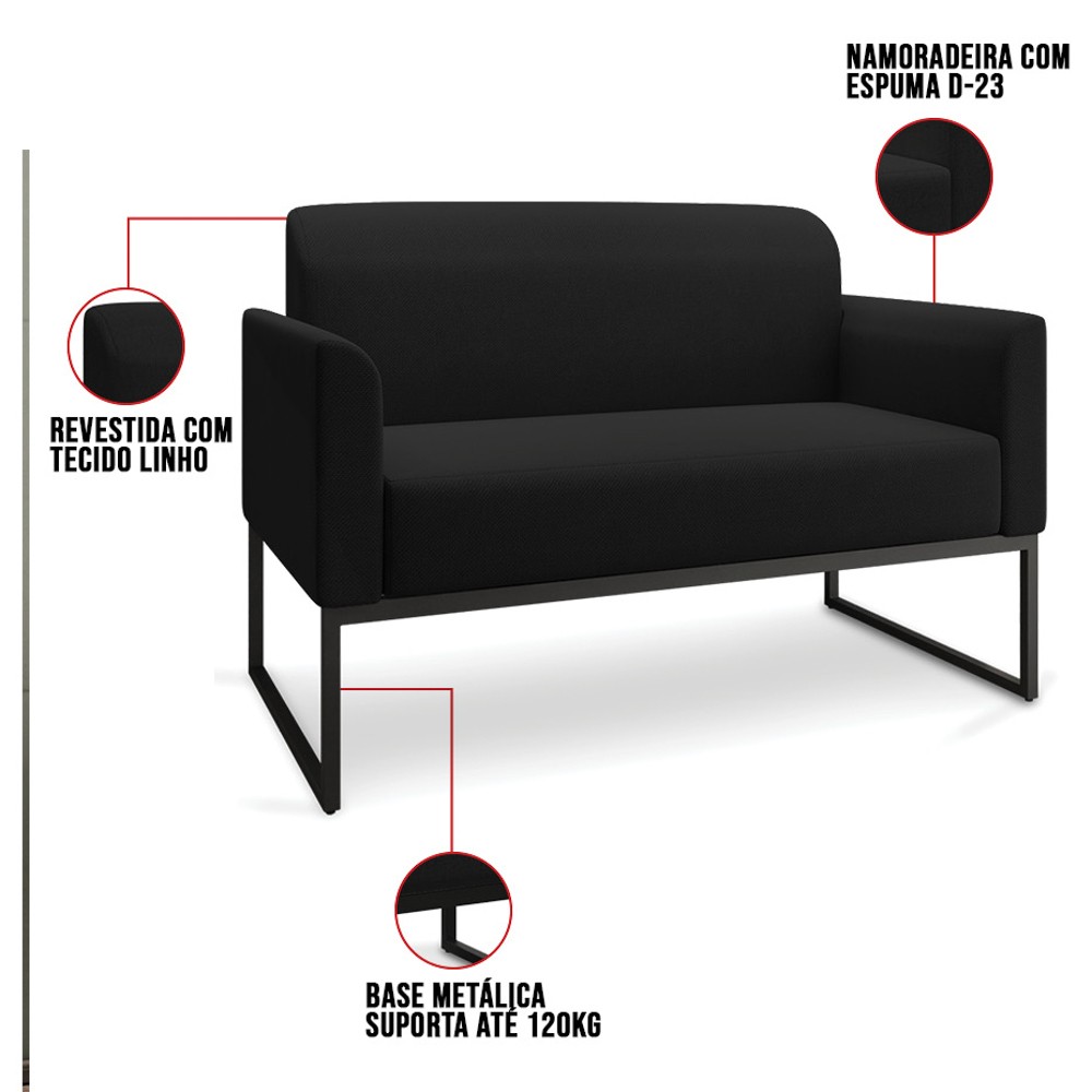 Kit Namoradeira e 2 Poltronas Decorativas Base Industrial Preta Maressa A79 Linho Preto - Ibiza