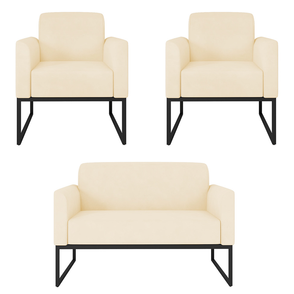 Kit Namoradeira e 2 Poltronas Decorativas Base Industrial Preta Maressa S03 Suede Bege - Ibiza