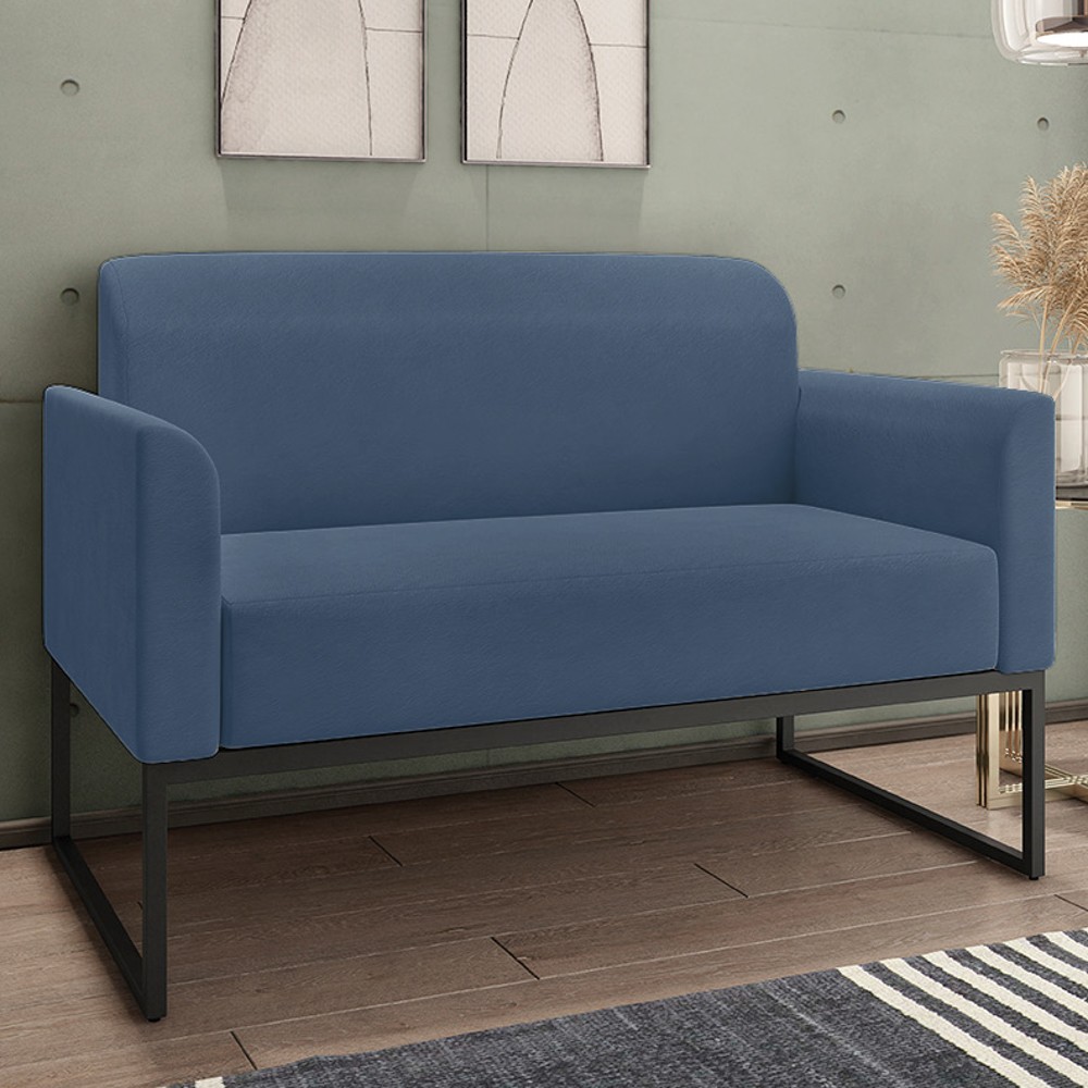 Kit Namoradeira e 2 Poltronas Decorativas Base Industrial Preta Maressa S04 Suede Azul Marinho - Ibiza