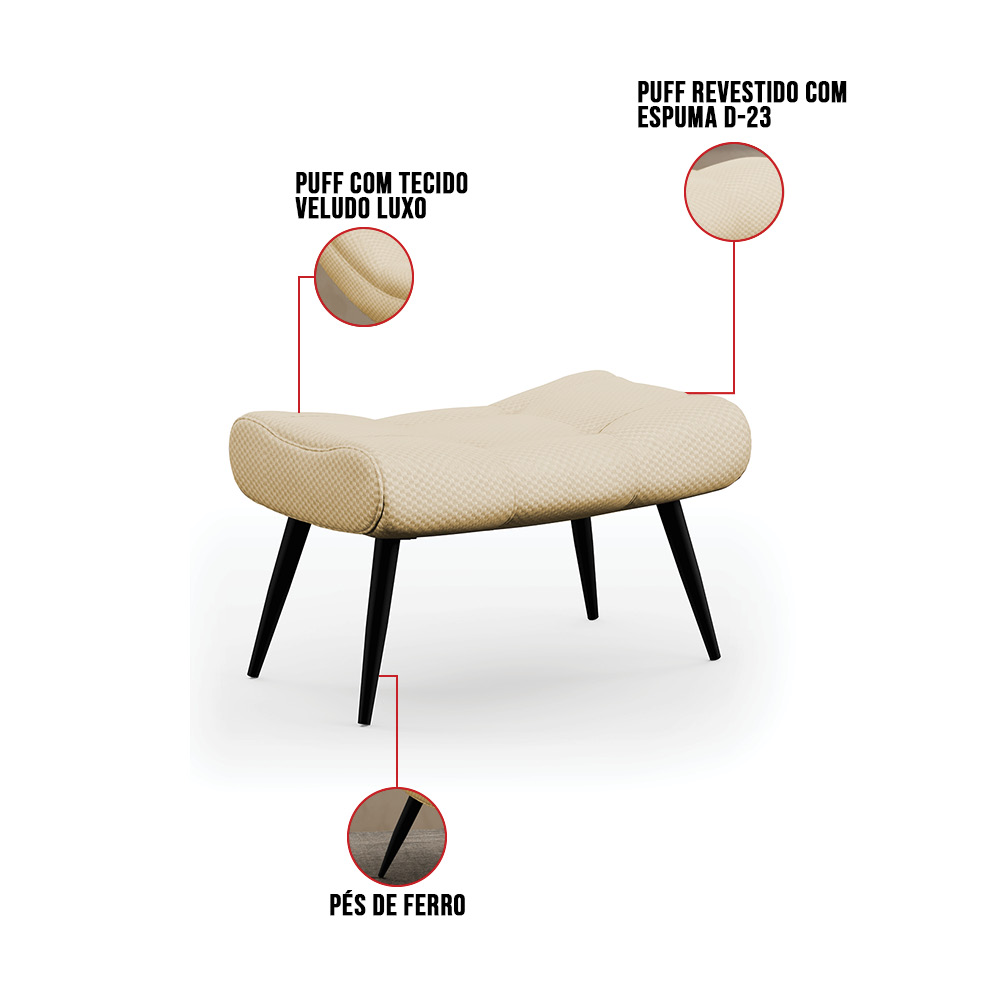 Kit Poltrona e Puff Para Sala de Estar com Almofada e Pés Palito Lord Veludo Luxo Off White - Ibiza