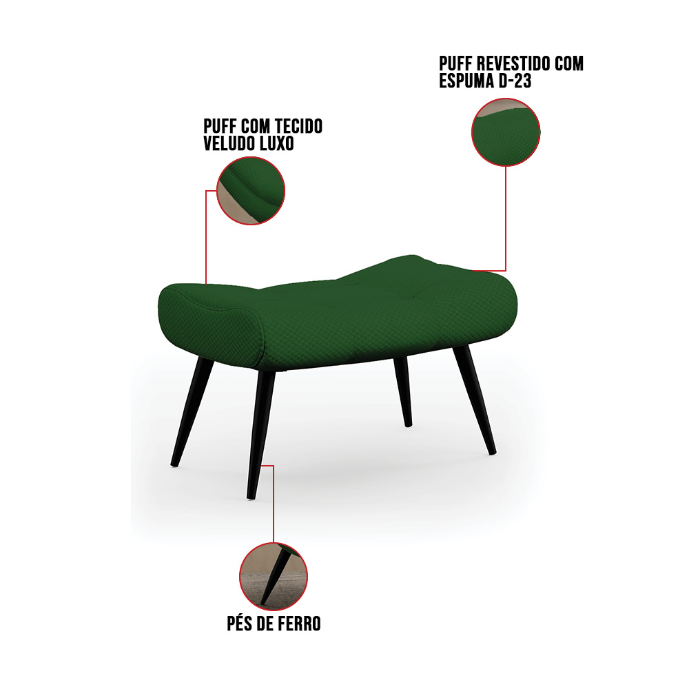 Kit Poltrona e Puff Para Sala de Estar com Almofada e Pés Palito Lord Veludo Luxo Verde - Ibiza