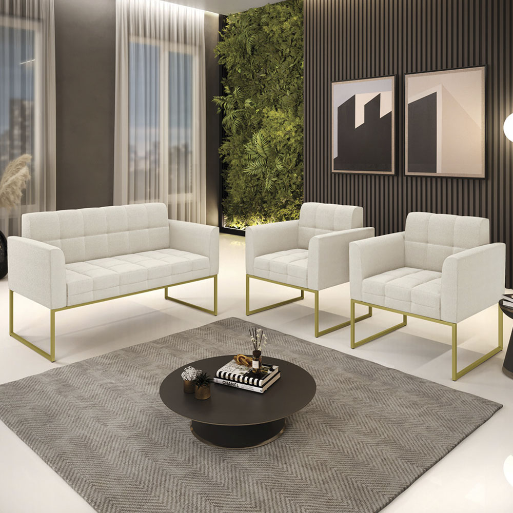 Namoradeira e 2 Poltronas Industrial Dourado Ana Bouclé Bege - Ibiza