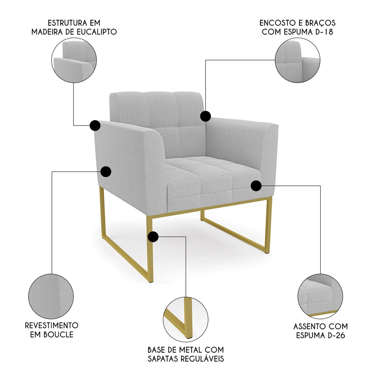 Namoradeira e 2 Poltronas Industrial Dourado Ana Bouclé Cinza - Ibiza