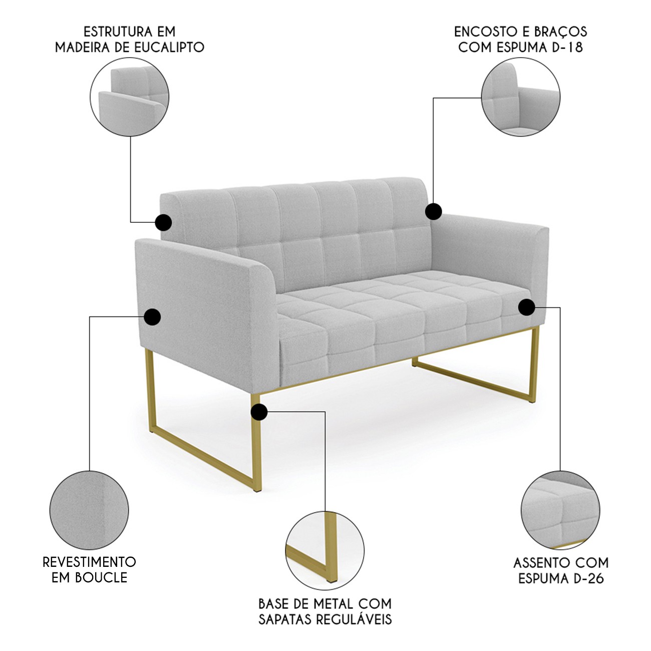 Namoradeira e 2 Poltronas Industrial Dourado Ana Bouclé Cinza - Ibiza