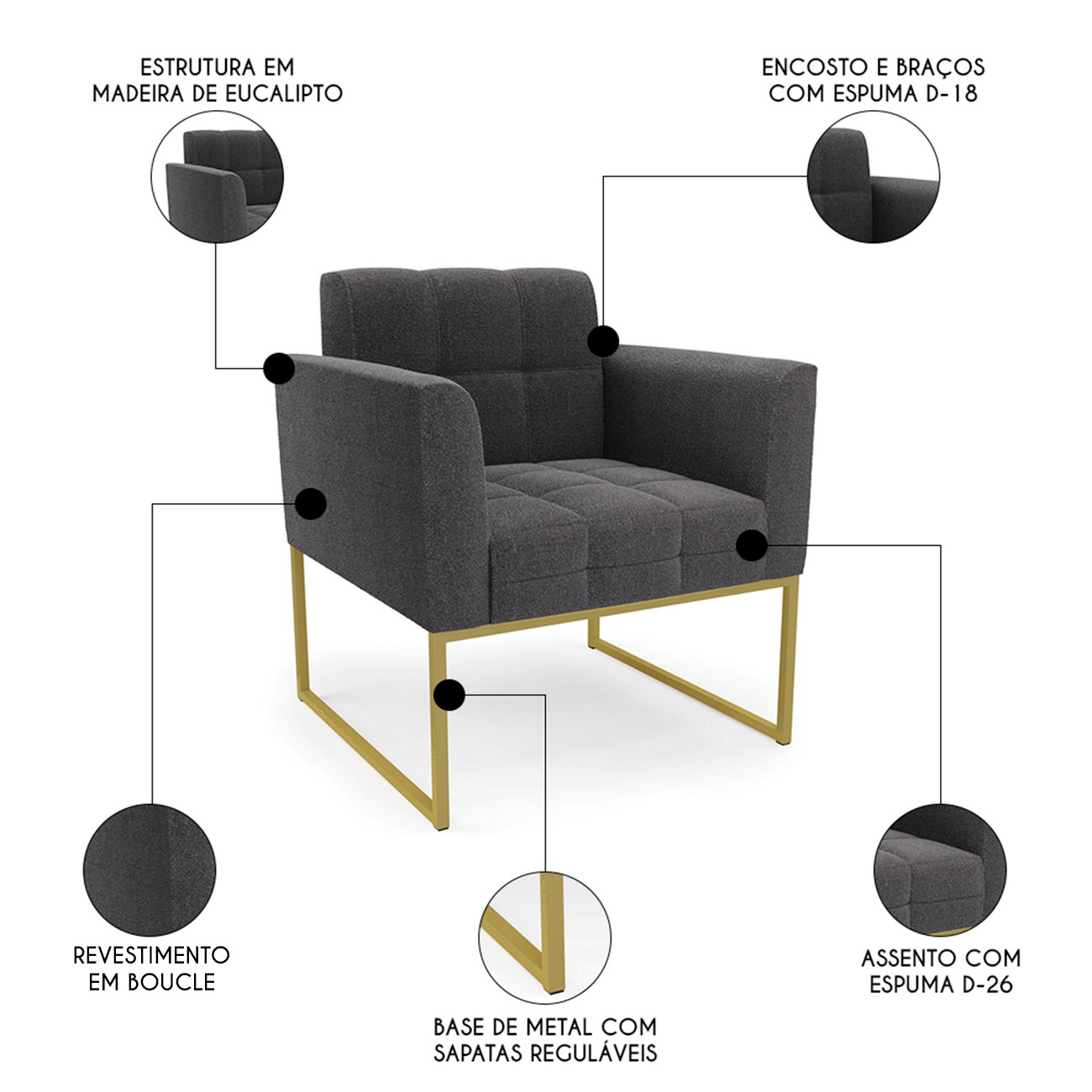 Namoradeira e 2 Poltronas Industrial Dourado Ana Bouclé Grafite - Ibiza