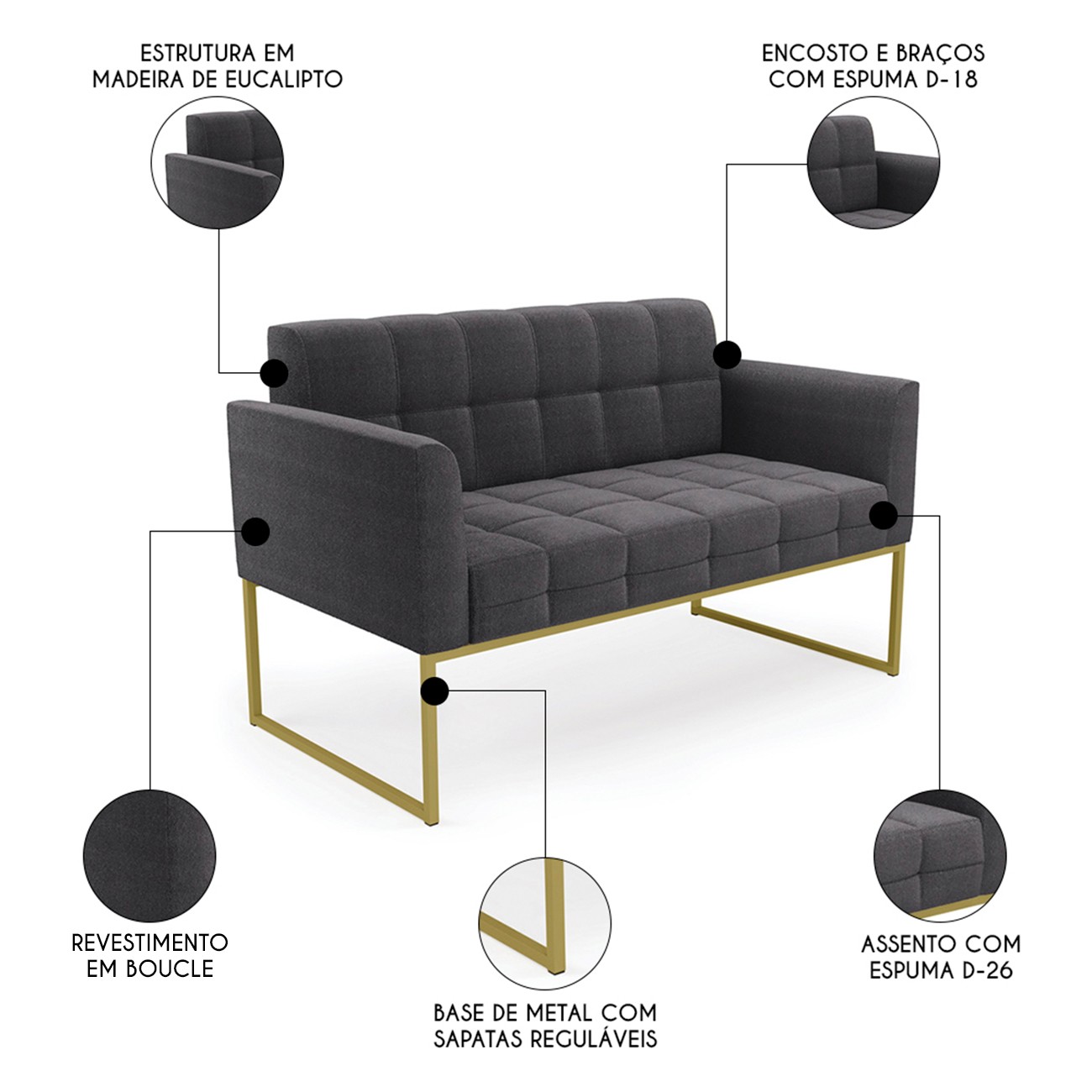Namoradeira e 2 Poltronas Industrial Dourado Ana Bouclé Grafite - Ibiza