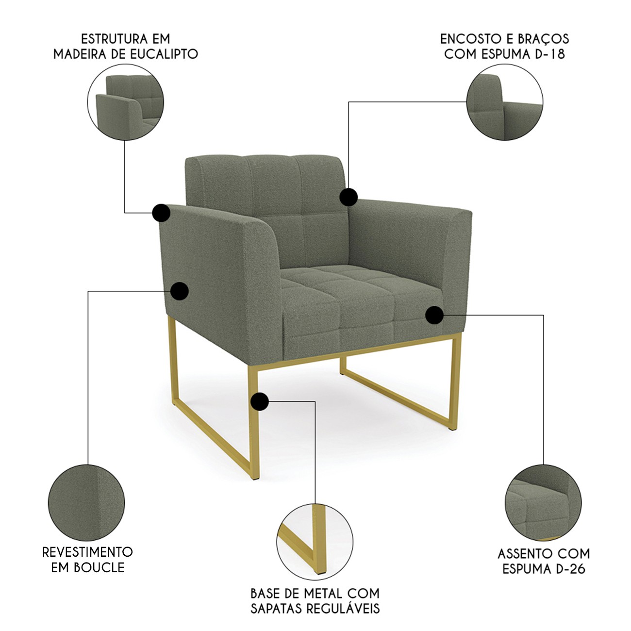 Namoradeira e 2 Poltronas Industrial Dourado Ana Bouclé Menta - Ibiza