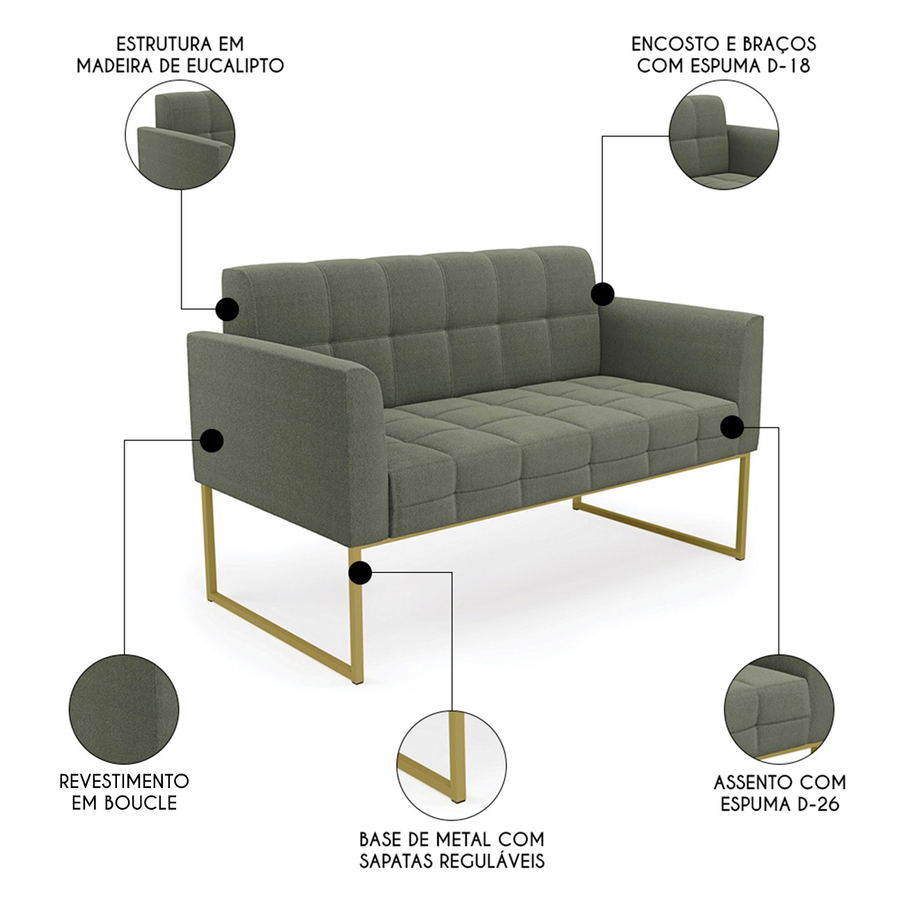 Namoradeira e 2 Poltronas Industrial Dourado Ana Bouclé Menta - Ibiza