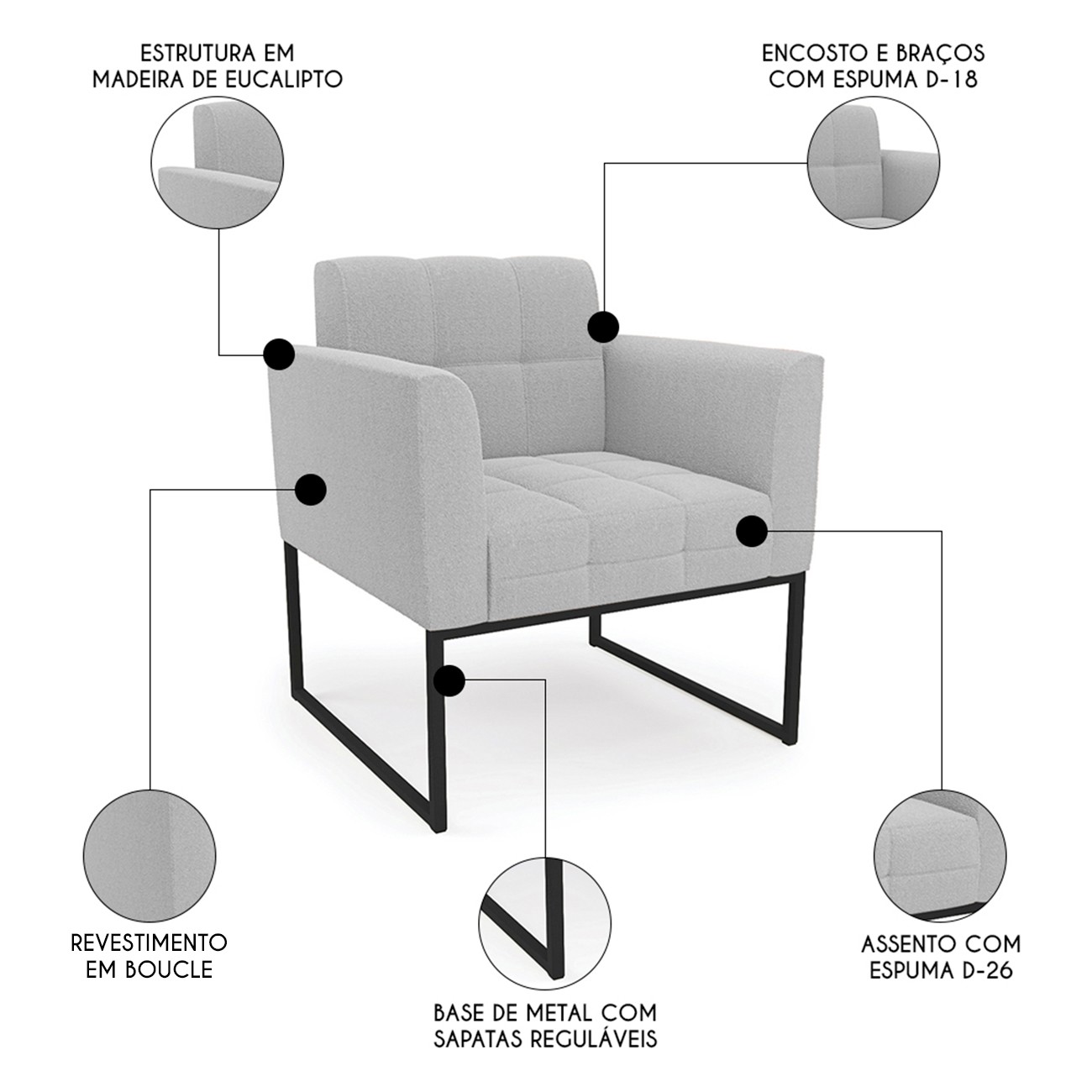 Namoradeira e 2 Poltronas Industrial Preto Ana Bouclé Cinza - Ibiza